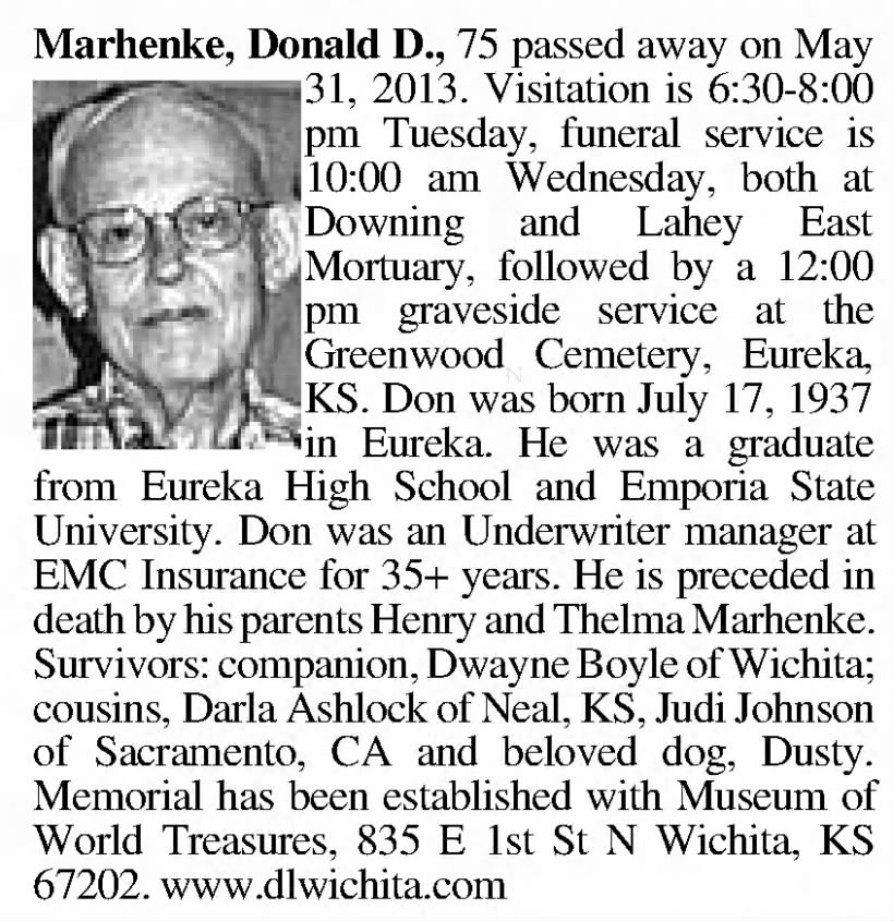 Obituary: Donald D. Marhenke, 1937-2013 (Aged 75)
