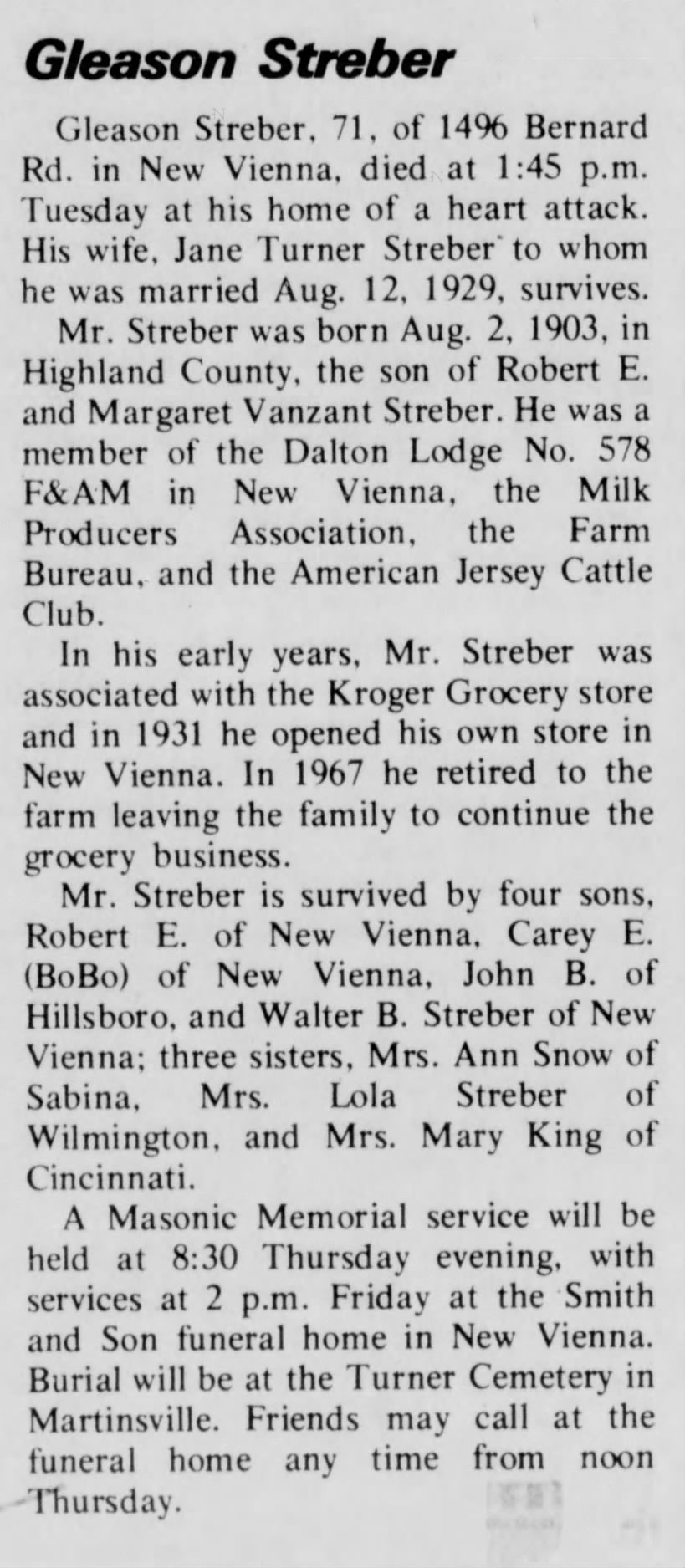 Gleason Streber 1903-1974 obituary