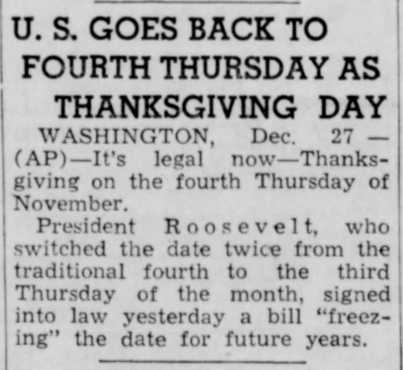 Roosevelt signs bill making Thanksgiving officially on fourth Thursday