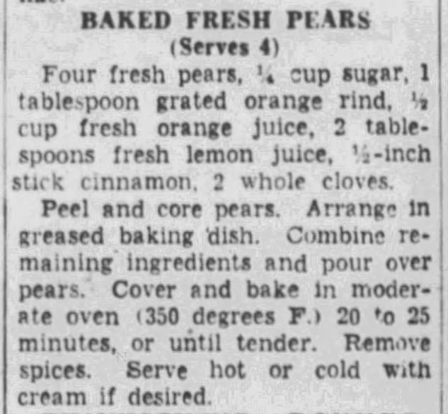 Baked Fresh Pears recipe, 1953