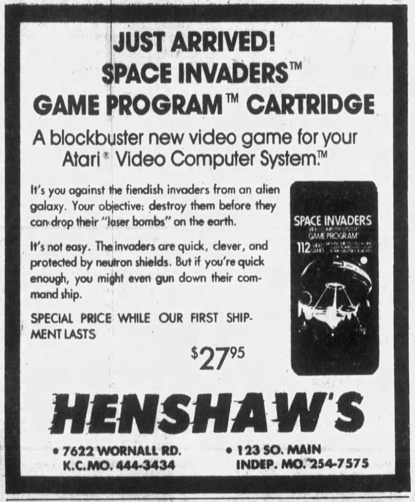 Atari 2600: JUST ARRIVED Space Invaders (Mar 29, 80)