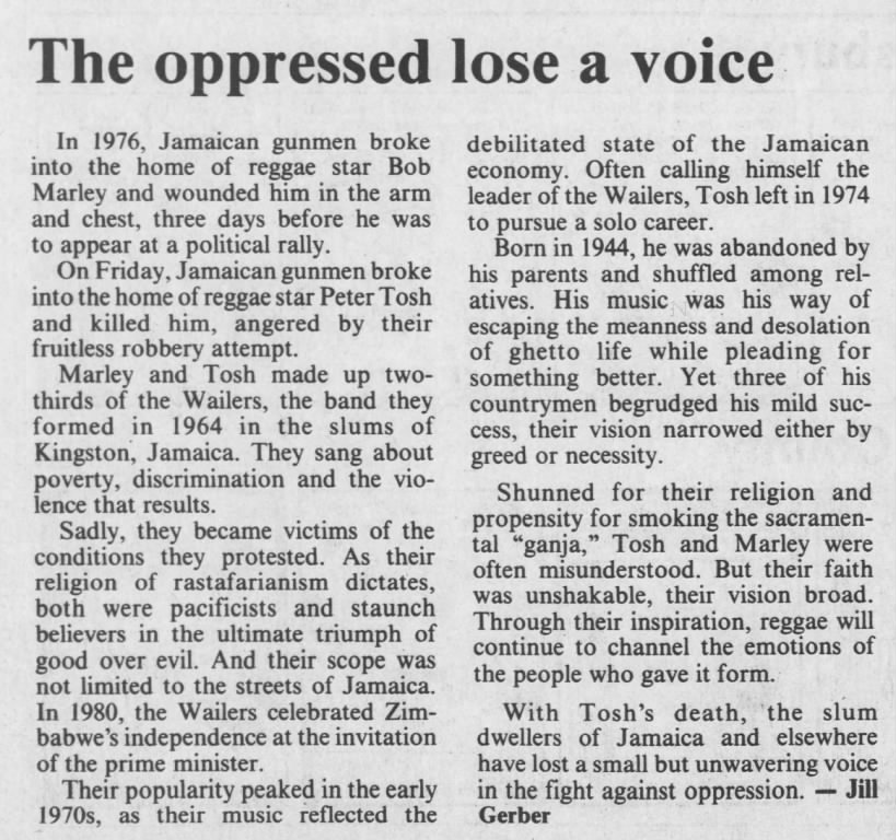 The oppressed lose a voice, Peter Tosh (1987)