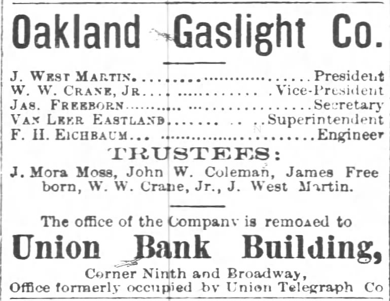 Oakland Gaslight Co.
J. Mora Moss, trustee