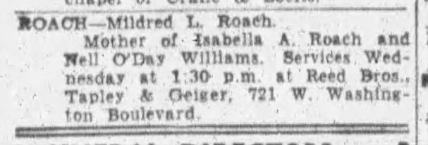 Funeral notice for Mildred L. Roach, mother of actress Nell O'Day.