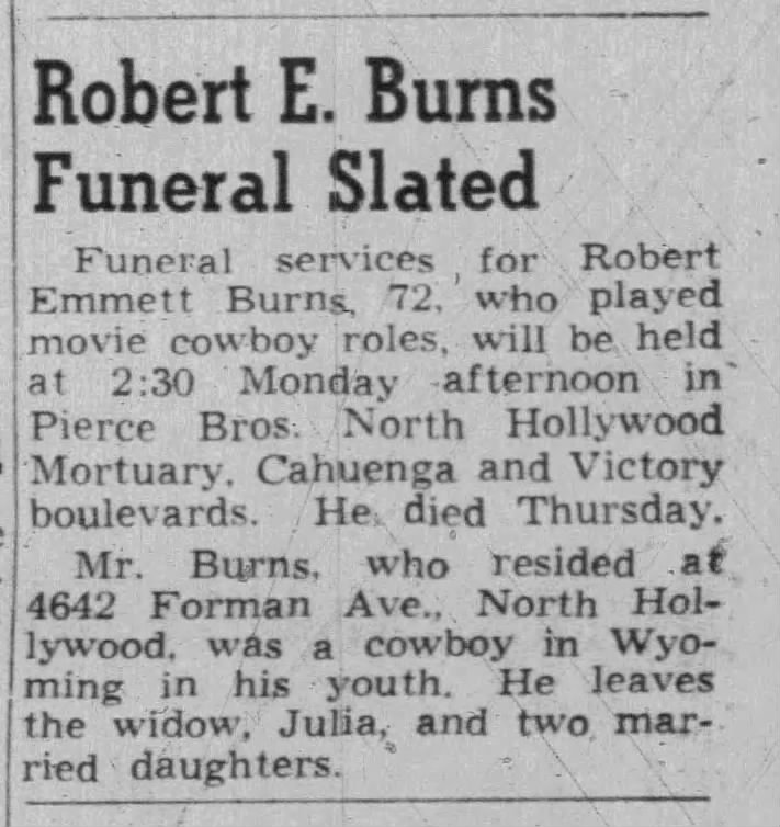 Funeral notice for movie cowboy Bob Burns / Robert Emmet Burns.