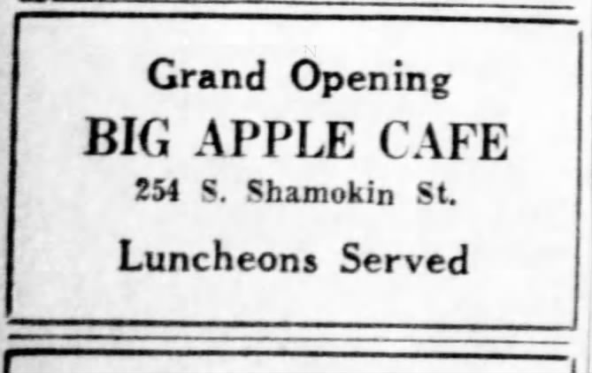 Big Apple Cafe, Shamokin, PA (1938).