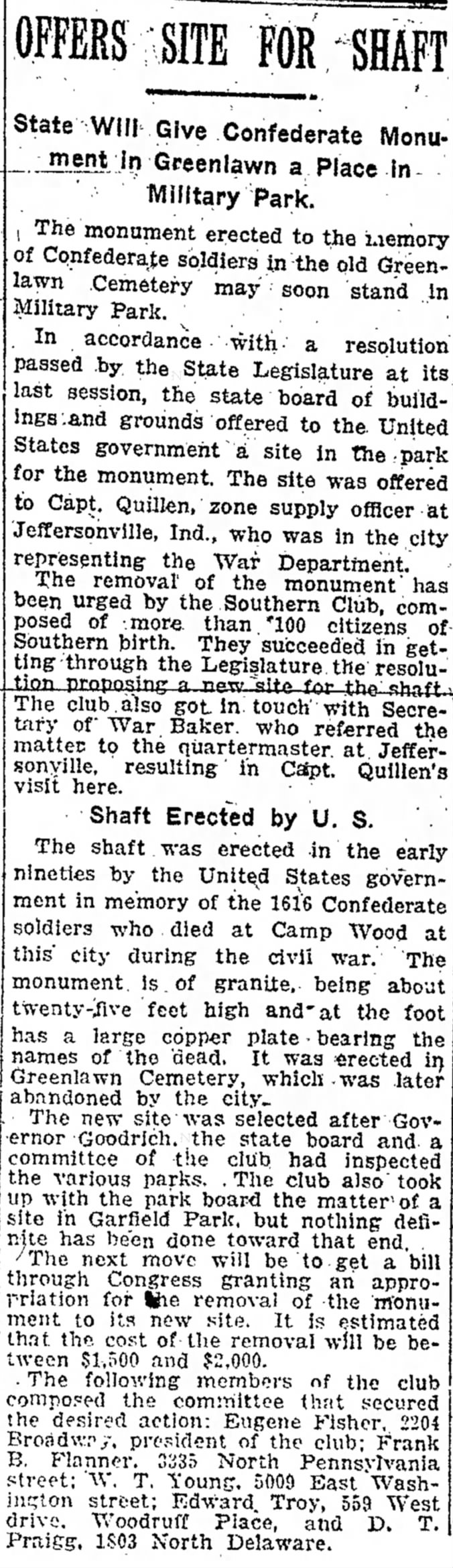 "State Will Give Confederate Monument in Greenlawn a Place in Military Park"; IndyStar; May 4, 1919