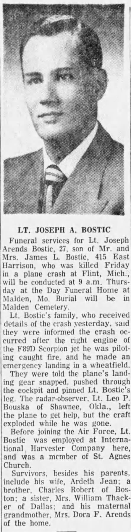 Obituary: Lt. Joseph A. BOSTIC (Aged 27)