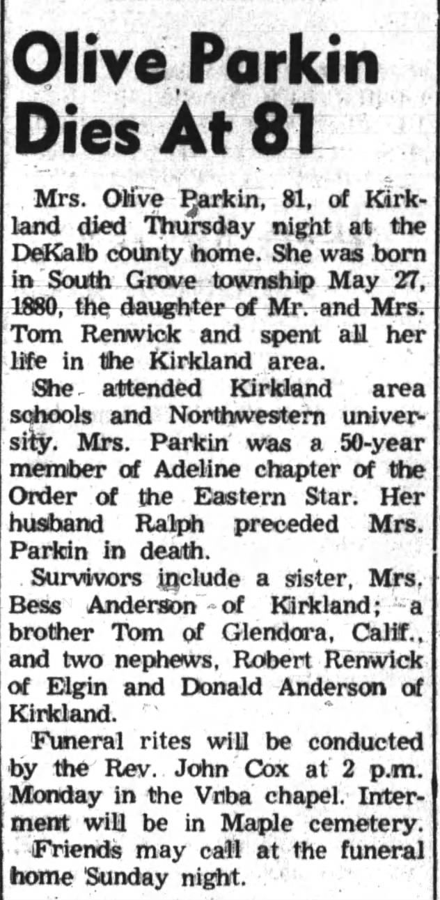 Obituary: Olive Parkin nee Renwick (Aged 81)