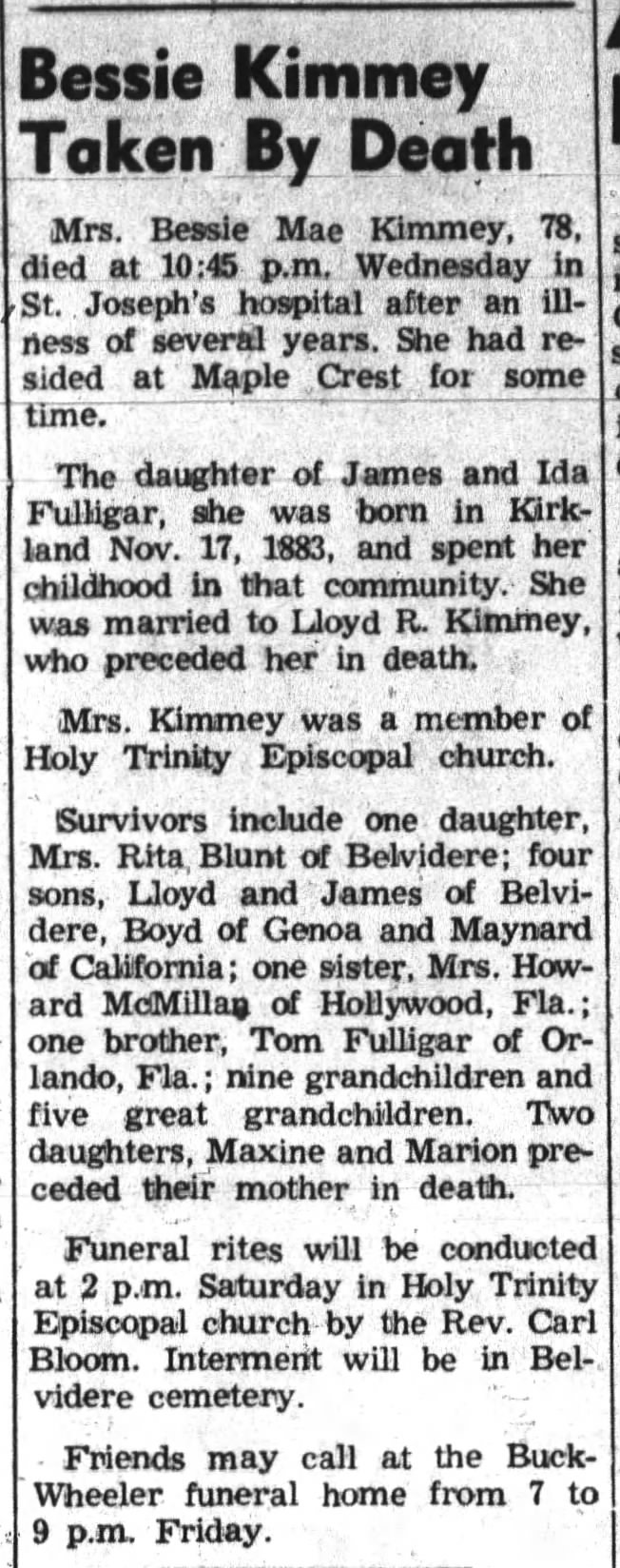 Obituary: Bessie Mae Kimmey nee Fulligar
