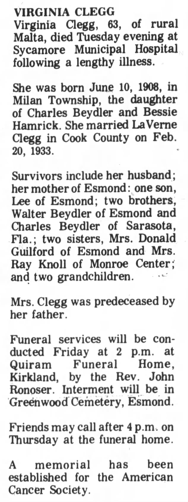 Obituary: Virginia Clegg (Aged 63)