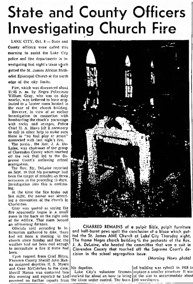 Burning of a black church, St. James AME Church, Lake City, SC, 1955