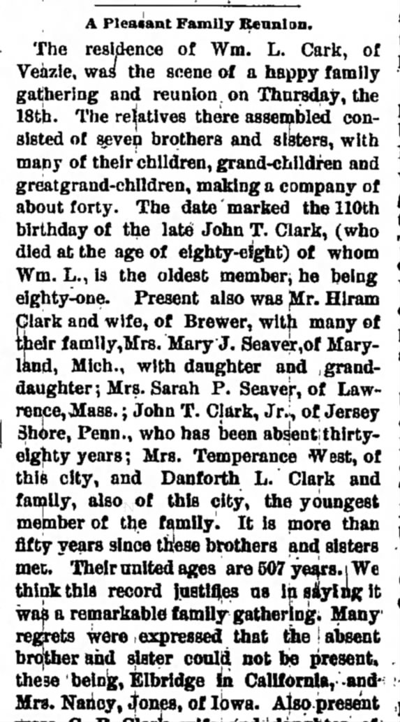 Article about a family reunion mentions name of a family member who passed away