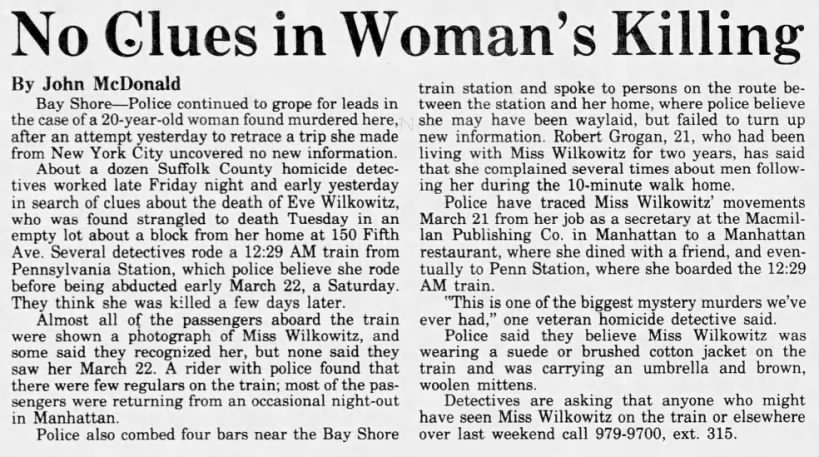Eve Wilkowitz - No Clues in Woman's Killing