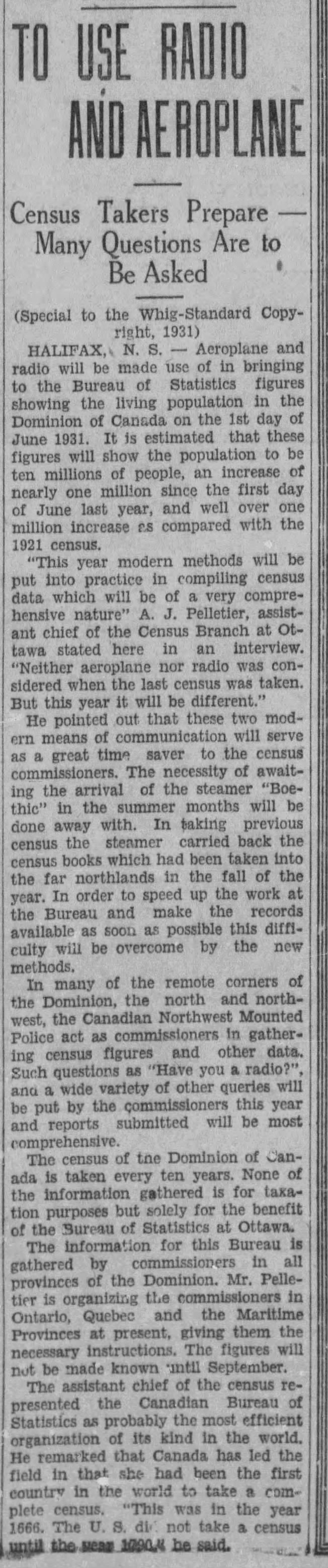 1931 Canadian Census to utilize airplanes and radios to gather results 