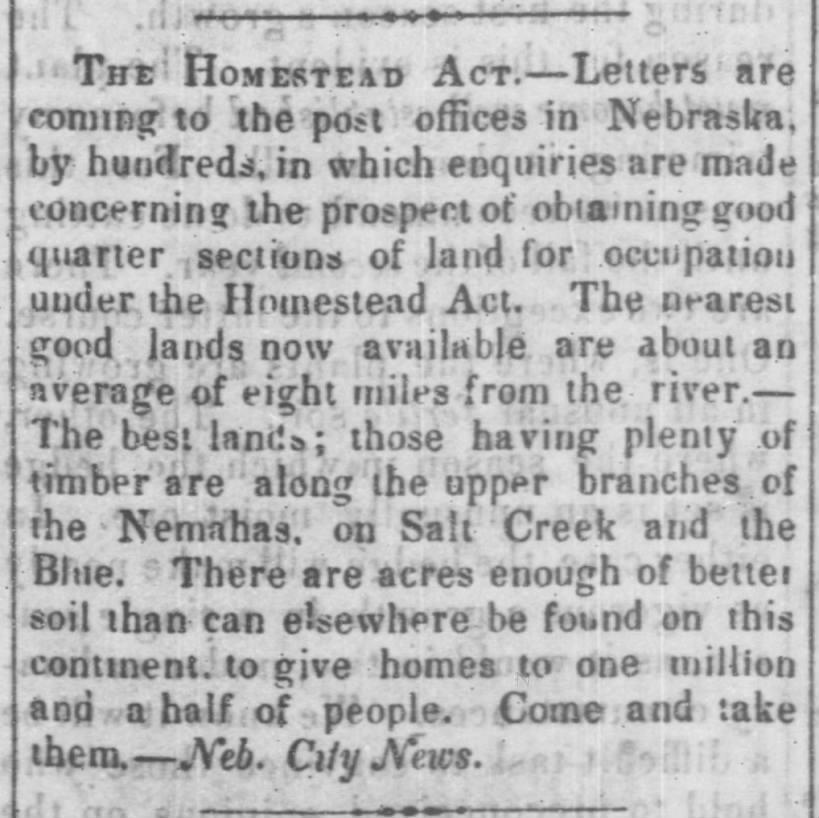 Hundreds of letters arrive in Nebraska asking about the best land available under Homestead Act