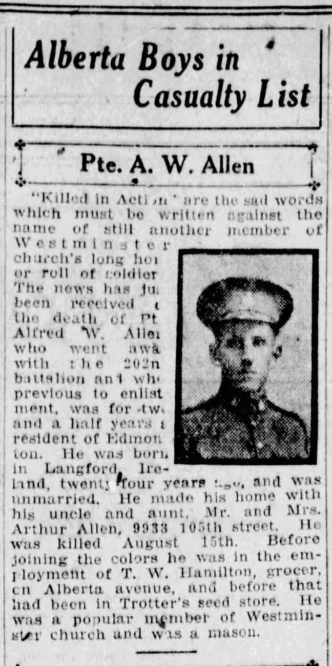 Private Alfred Wilson Allen, notice of death, The Edmonton Bulletin, 23 Nov 1917, page2