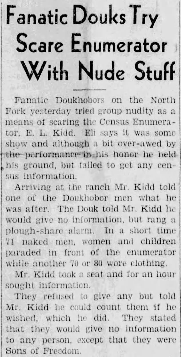 Doukhobors try to scare away 1931 Census of Canada enumerator with nudity 