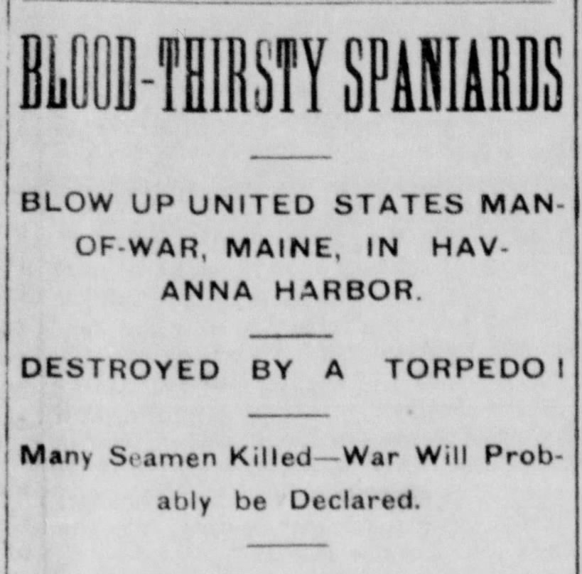 Spanish blamed for sinking of the Maine the day after the explosion