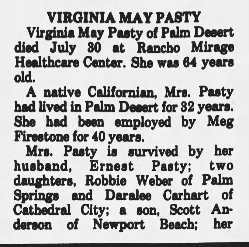 Obituary: Virginia May PASTY nee Tebow (Aged 64) part 1