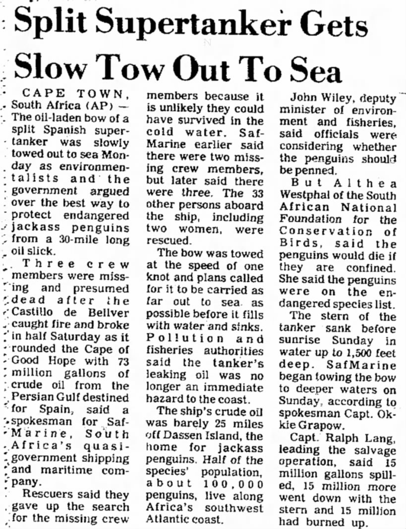 Split Supertanker Gets Slow Tow Out To Sea (Castillo de Bellver oil spill, 1983)