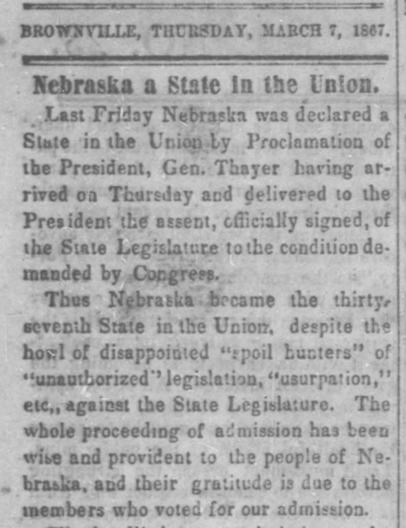 Nebraska becomes a state - March 1867