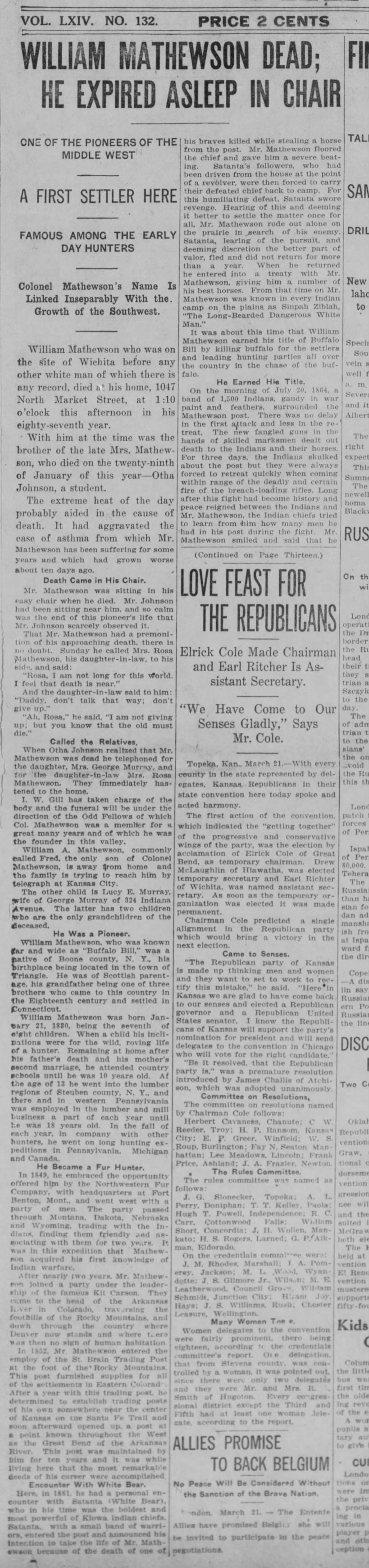 1916 obituary for william buffalo bill mathewson in wichita beacon 21march1916