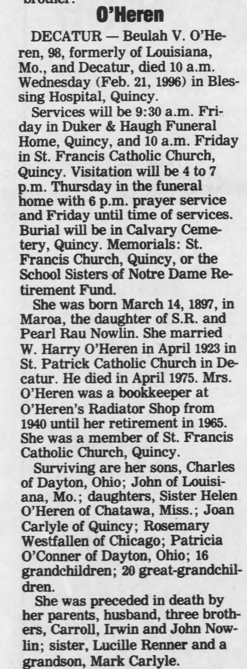 Obituary: Beulah V. O'Heren, 1897-1996 (Aged 98)