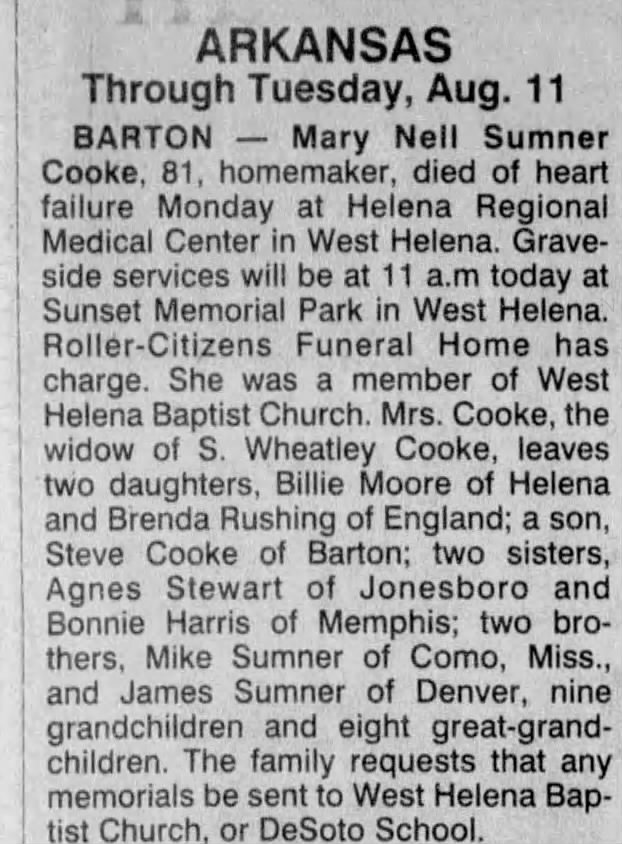 Obituary for Mary Nall Sumnar Cooka - Newspapers.com