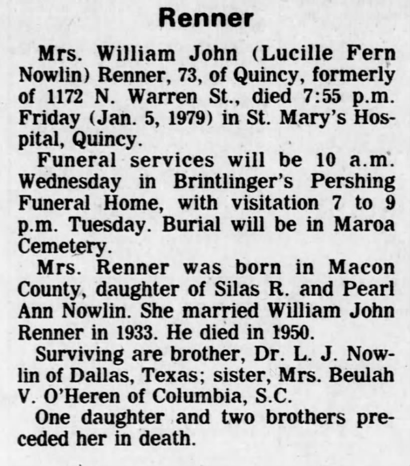Obituary: Lucille Fern Renner nee Nowlin (Aged 73)