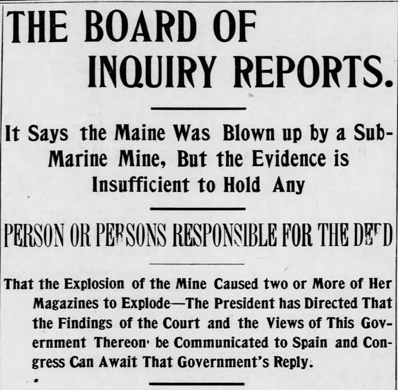 1898 court of inquiry determines Maine explosion was caused by mine