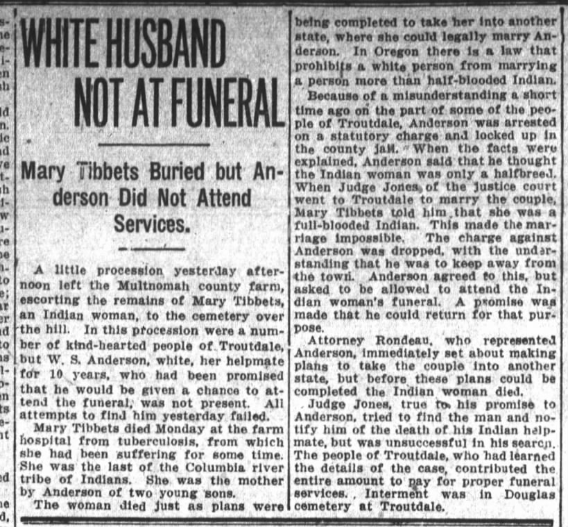 White man's Indian hellpmate dies, city of troutdale pays for her burial