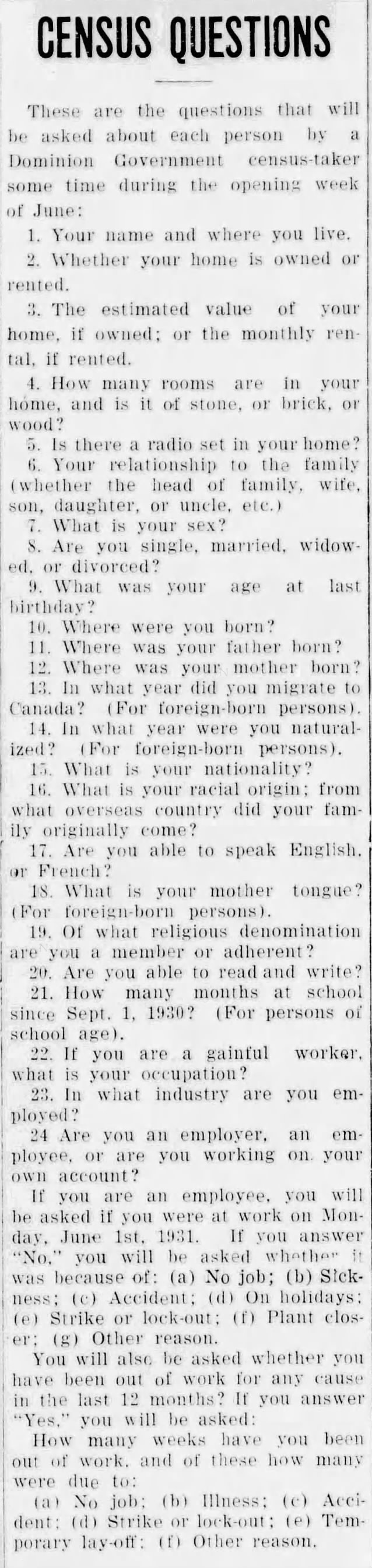 1931 Census of Canada Questions 