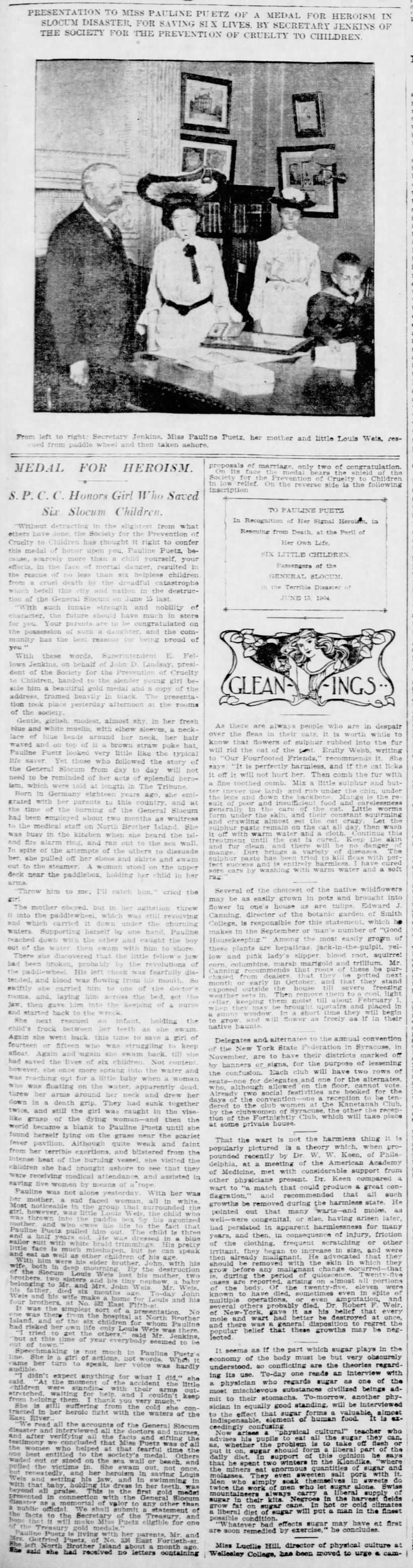 Newspaper account of Pauline Puetz's bravery during General Slocum disaster
