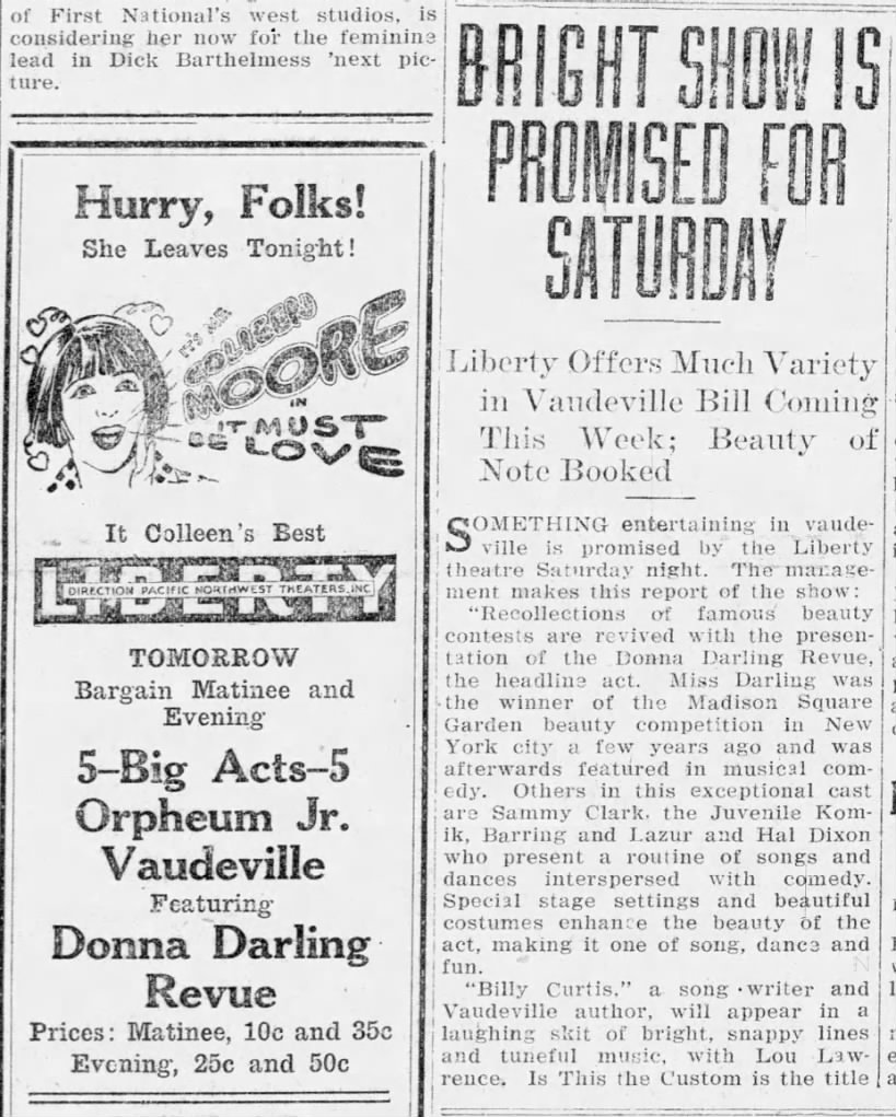 Donna Darling Revue at Liberty Theatre, Olympia, Washington, Nov 12-13, 1926.