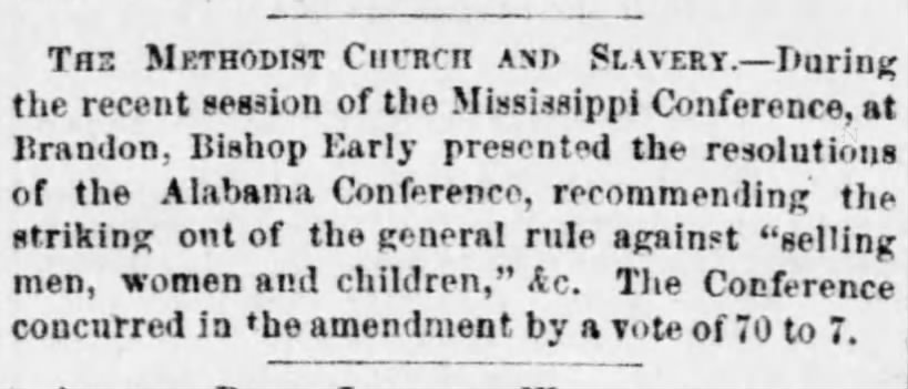 Bishop John Early (1786-1873), Methodist Episcopal Church, South; on slave sales.