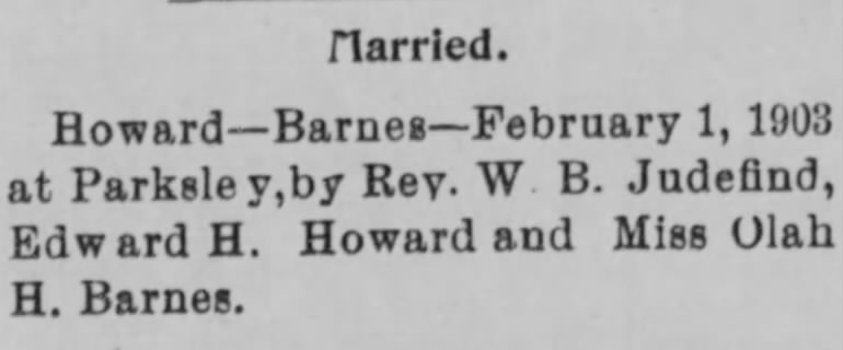 Howard - Barnes marriage 7 Feb 1903