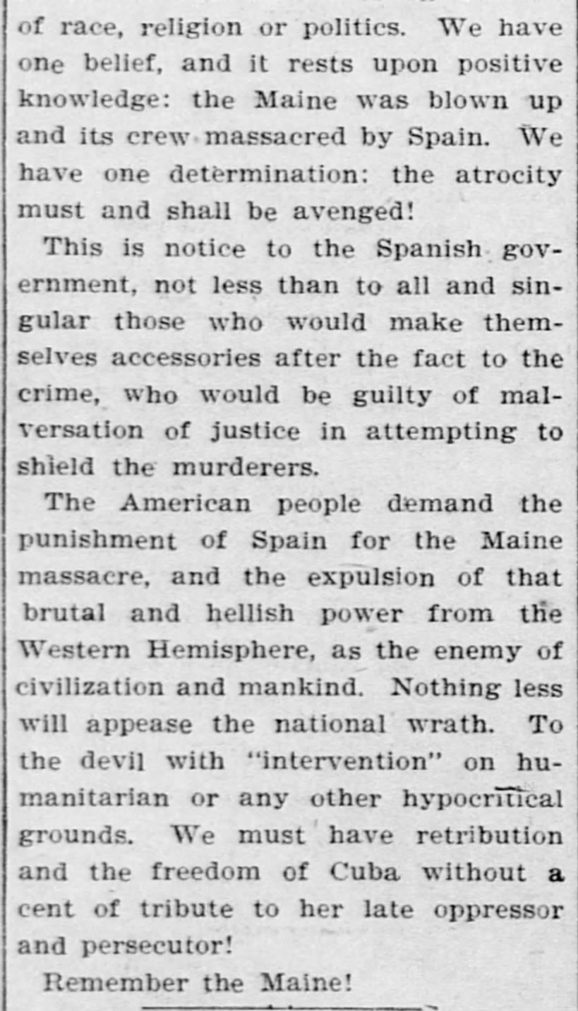 Excerpt from an editorial demanding "the punishment of Spain for the Maine massacre"