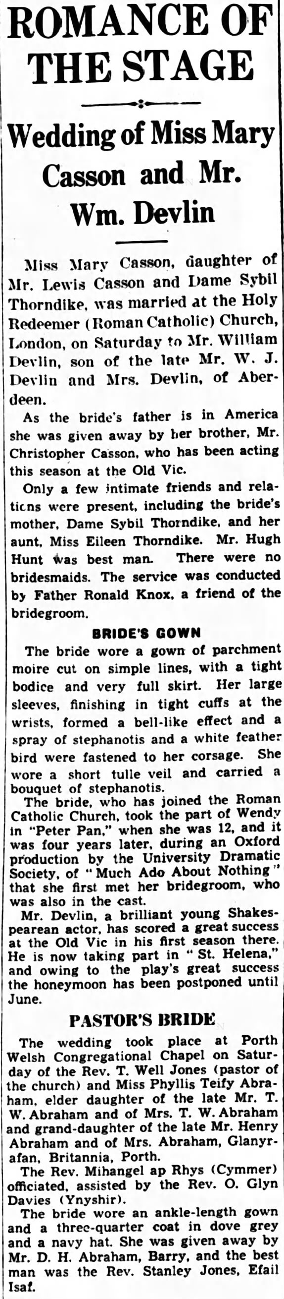 Mary Casson - William Devlin wedding (Western Mail; 9 March 1936; Page 13)