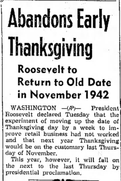 Thanksgiving to return to old date in 1942