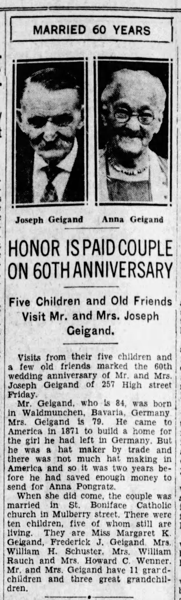 Joseph and Anna (Pongratz) Geigand 60th anniversary 1933