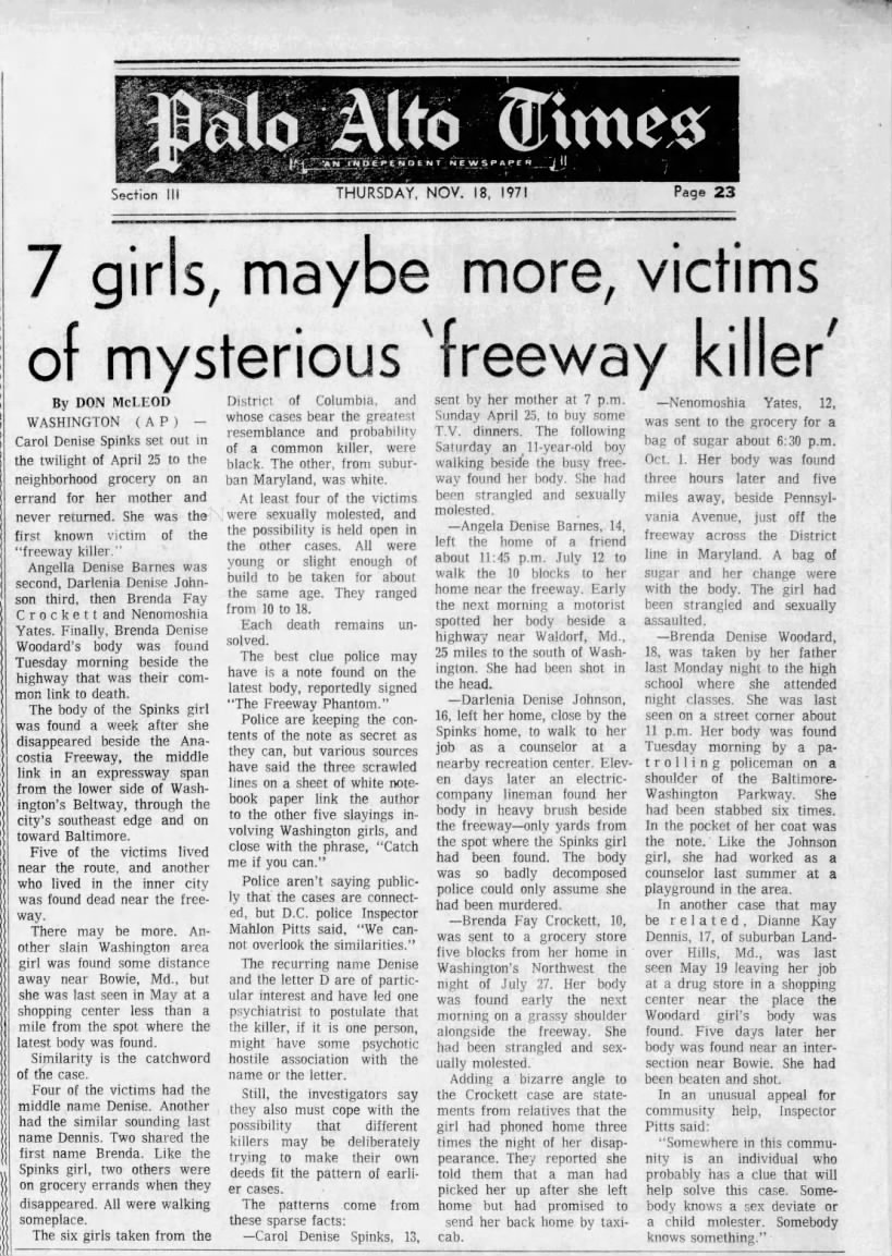 Carol Spinks - 7 girls, maybe more, victims, of myserious 'freeway killer'