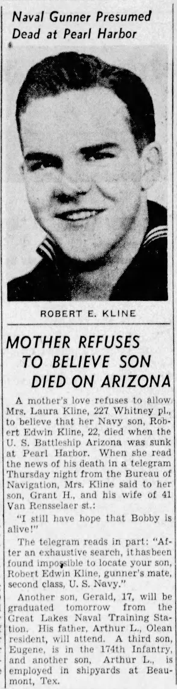 Laura Kline holds out hope to find son missing on the USS Arizona 