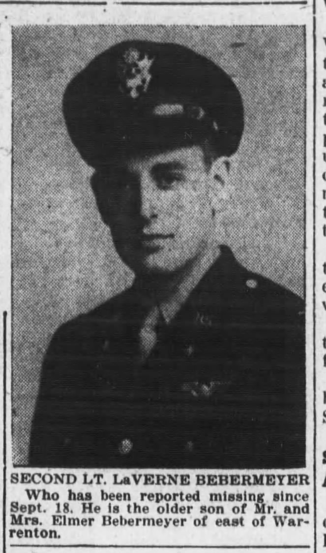 2nd Lt LaVerne Bebermeyer still missing
Oct 2, 1944 newspaper