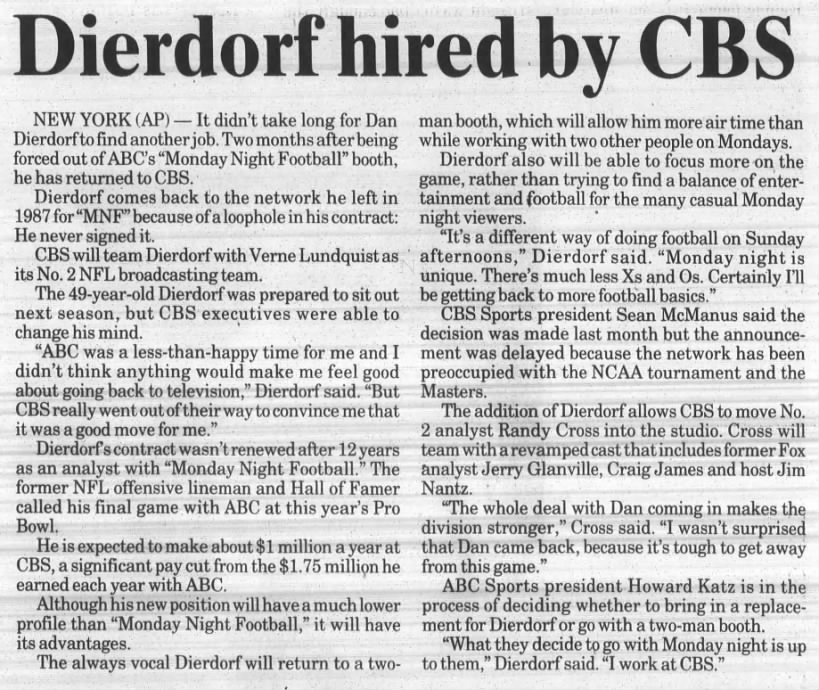 Dierdorf hired by CBS