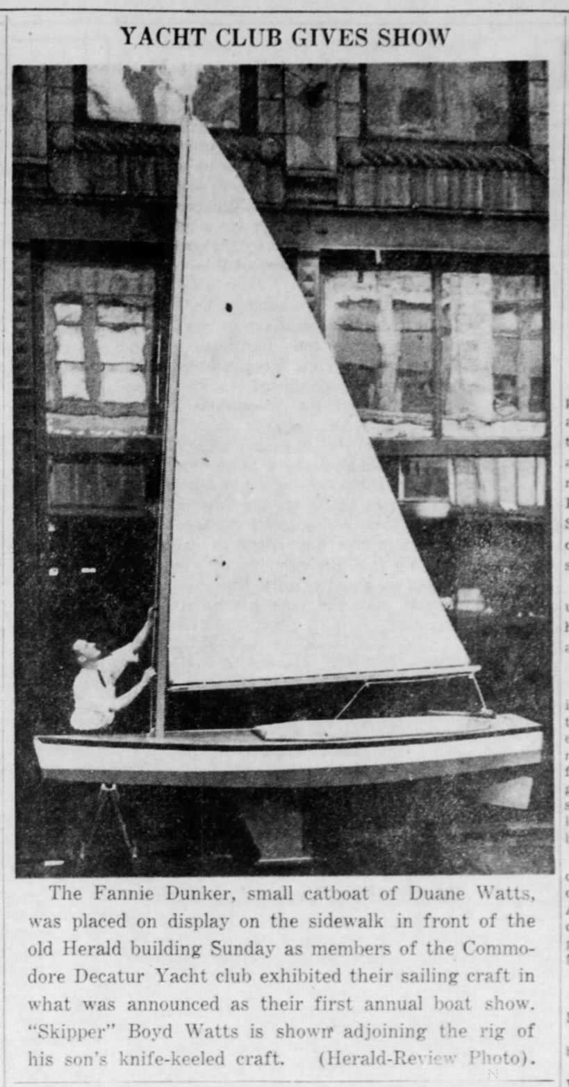 Duane Watts shows his sailing craft at annual boat show in 1937