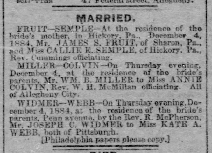 Marriage Notices, Pittsburgh Commercial Gazette, 1884