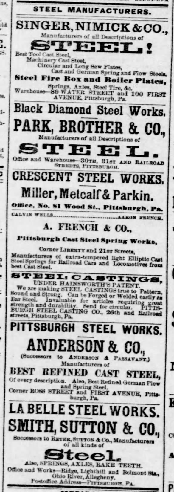 Ads from Pittsburgh steel manufacturers, 1880
