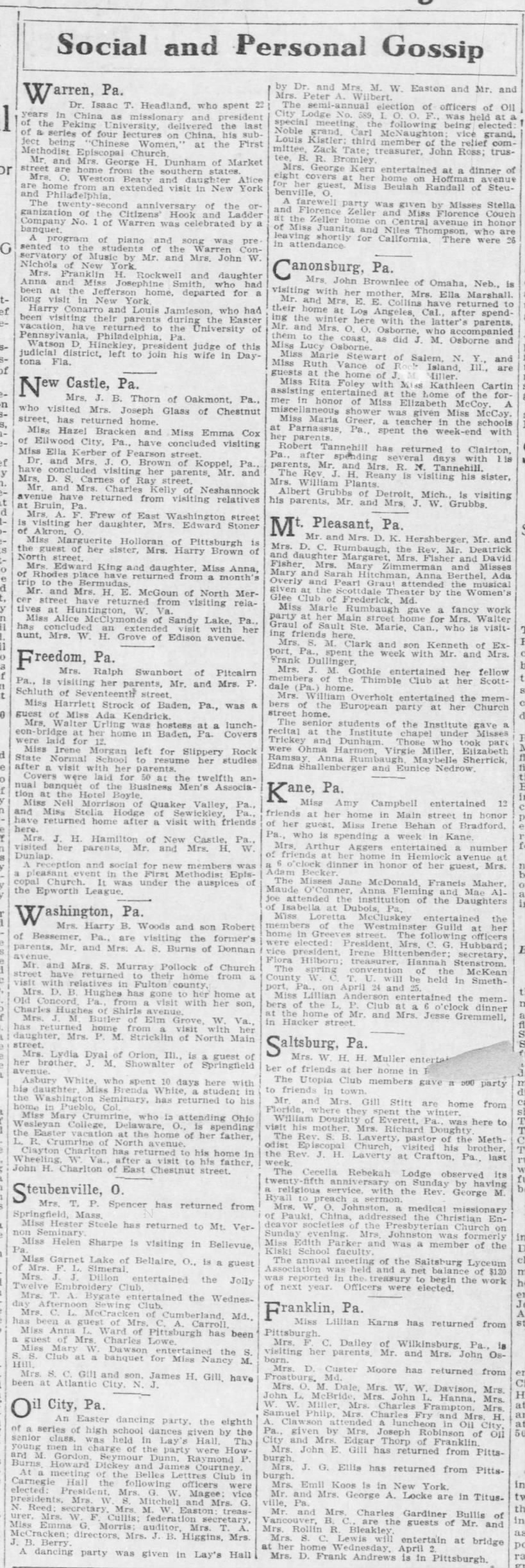 Social and Personal Gossip column in the Pittsburgh Gazette Times (Post-Gazette), 1913