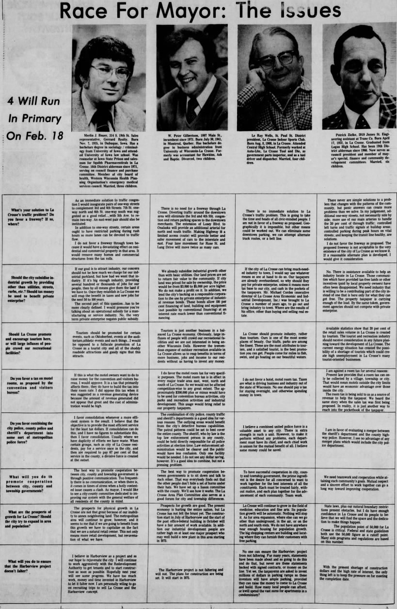 1975-02 La Crosse Mayor's Race Highlights Room Tax, Harborview, New Road, Economic Development $